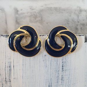 Vintage Monet Clip On Enamel Earrings Black Gold Tone Swirl